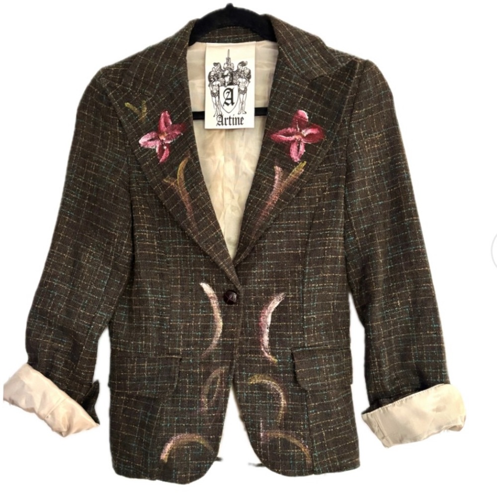 🌻🌺ARTINE Women's Brown Plaid Blazer with Painted Details on front